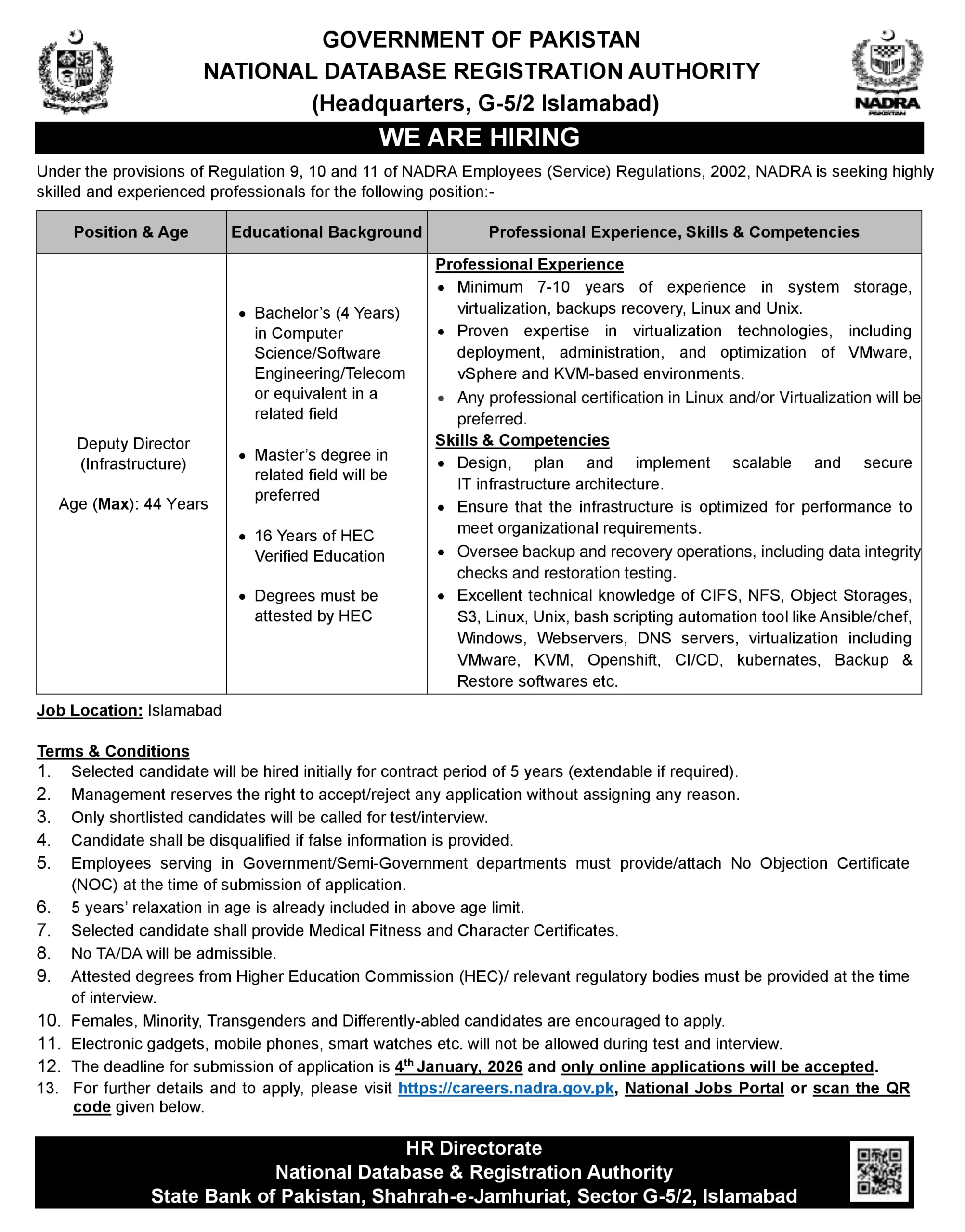 nadra deputy director infrastructure job advertisement islamabad 2025