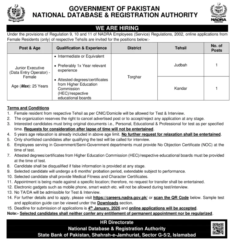 NADRA Junior Executive Jobs Torghar – Data Entry Operator 2026