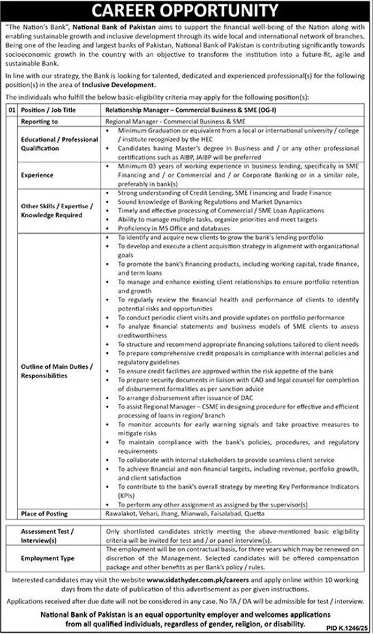 national bank of pakistan advertisement for relationship manager commercial business and sme og i with postings in multiple cities