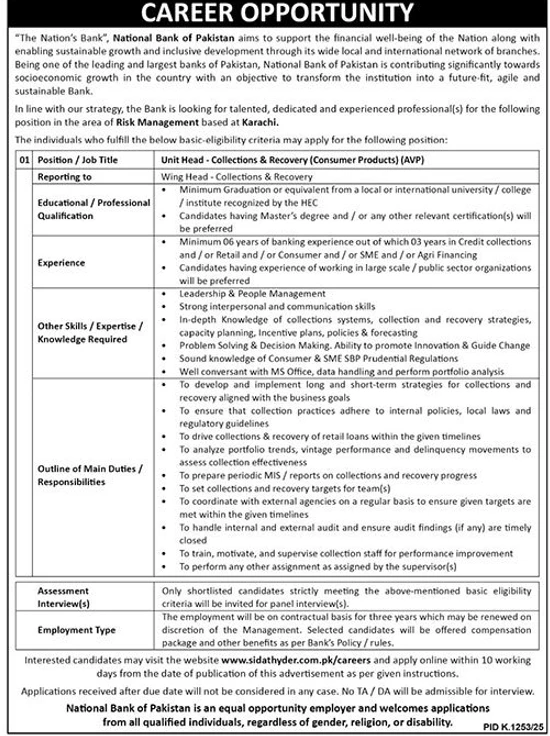 national bank of pakistan advertisement for unit head collections and recovery consumer products avp based at karachi