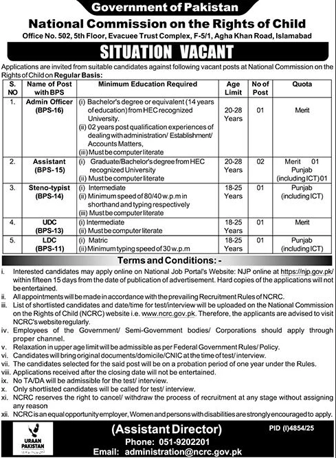 National Commission on the Rights of Child recruitment advertisement 2025, NCRC Islamabad job vacancies