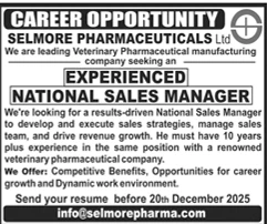 National Sales Manager Career Opportunity Selmore Pharmaceuticals Veterinary Pharmaceutical Company