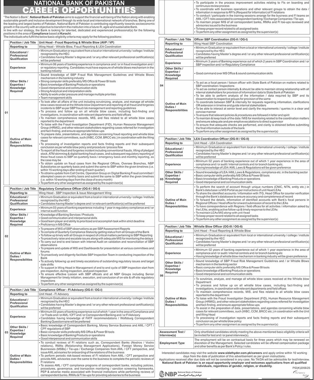 National Bank of Pakistan compliance officer job advertisement Karachi 2025