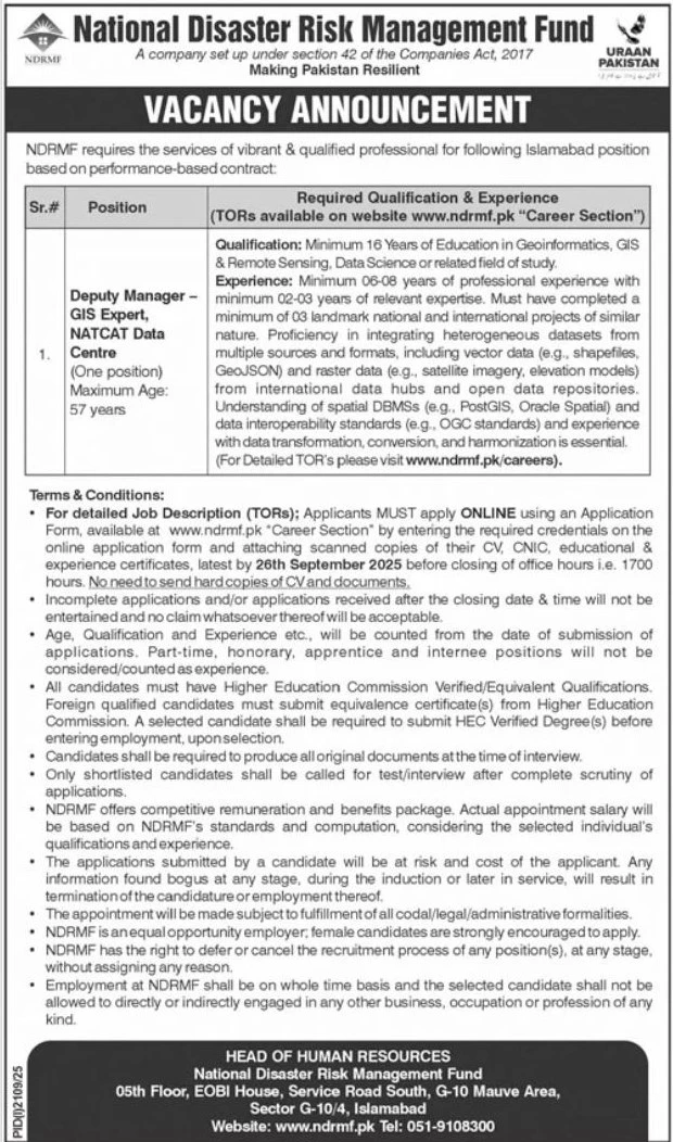 NDRM Fund Deputy Manager GIS Expert job advertisement Islamabad 2025, NATCAT Data Centre position
