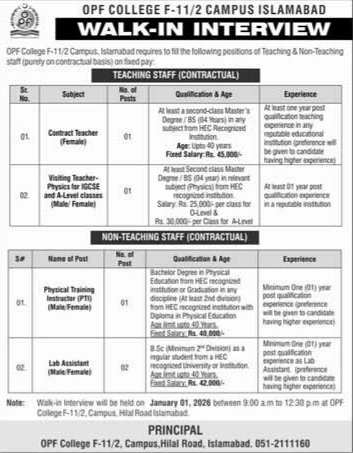 OPF College Islamabad Jobs 2025 – Teaching & Non-Teaching Positions