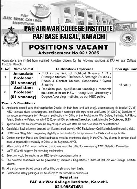 paf air war college institute karachi positions vacant advertisement for associate and assistant professor posts