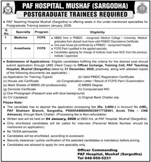 PAF Hospital Mushaf postgraduate training positions advertisement, medical jobs Sargodha 2026