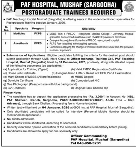 paf hospital mushaf sargodha postgraduate trainee recruitment 2025 2026