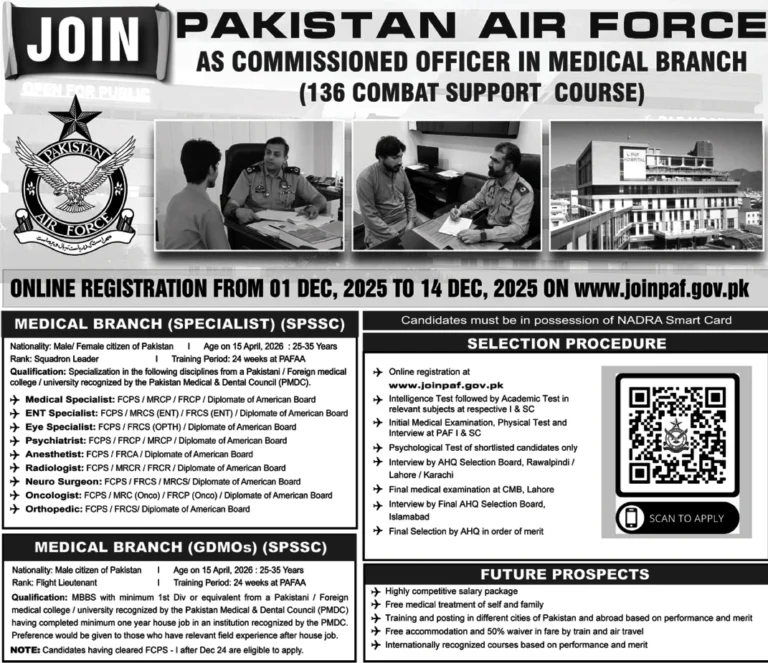 Pakistan Air Force PAF medical jobs Lahore recruitment 136 Combat Support Course 2025, military medical specialist positions, air force doctor vacancies