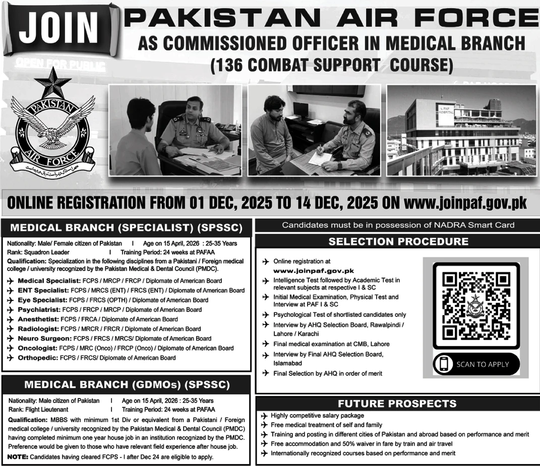 Pakistan Air Force PAF medical jobs Lahore recruitment 136 Combat Support Course 2025, military medical specialist positions, air force doctor vacancies
