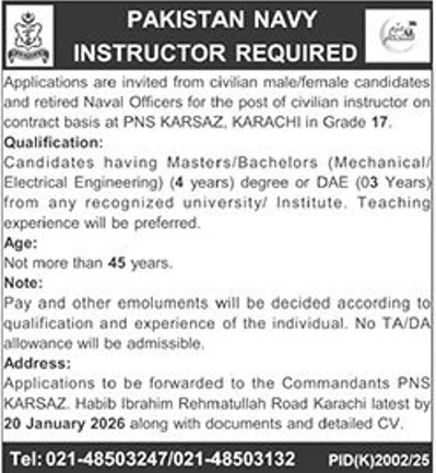Pakistan Navy civilian instructor vacancy Karachi 2025, military career opportunity in Sindh