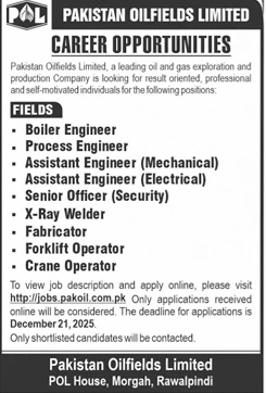 Pakistan Oilfields Limited 9 engineering job positions Rawalpindi 2025