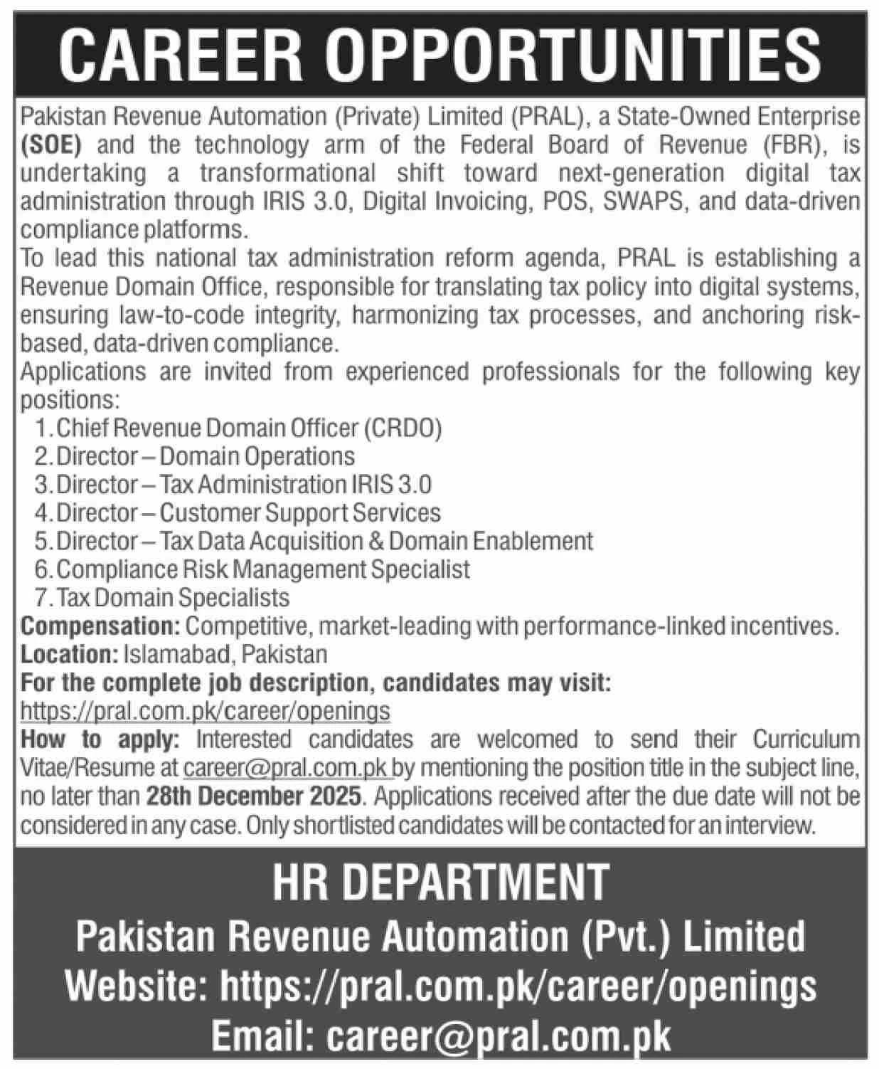 pakistan revenue automation pral career opportunities islamabad 2025 job advertisement
