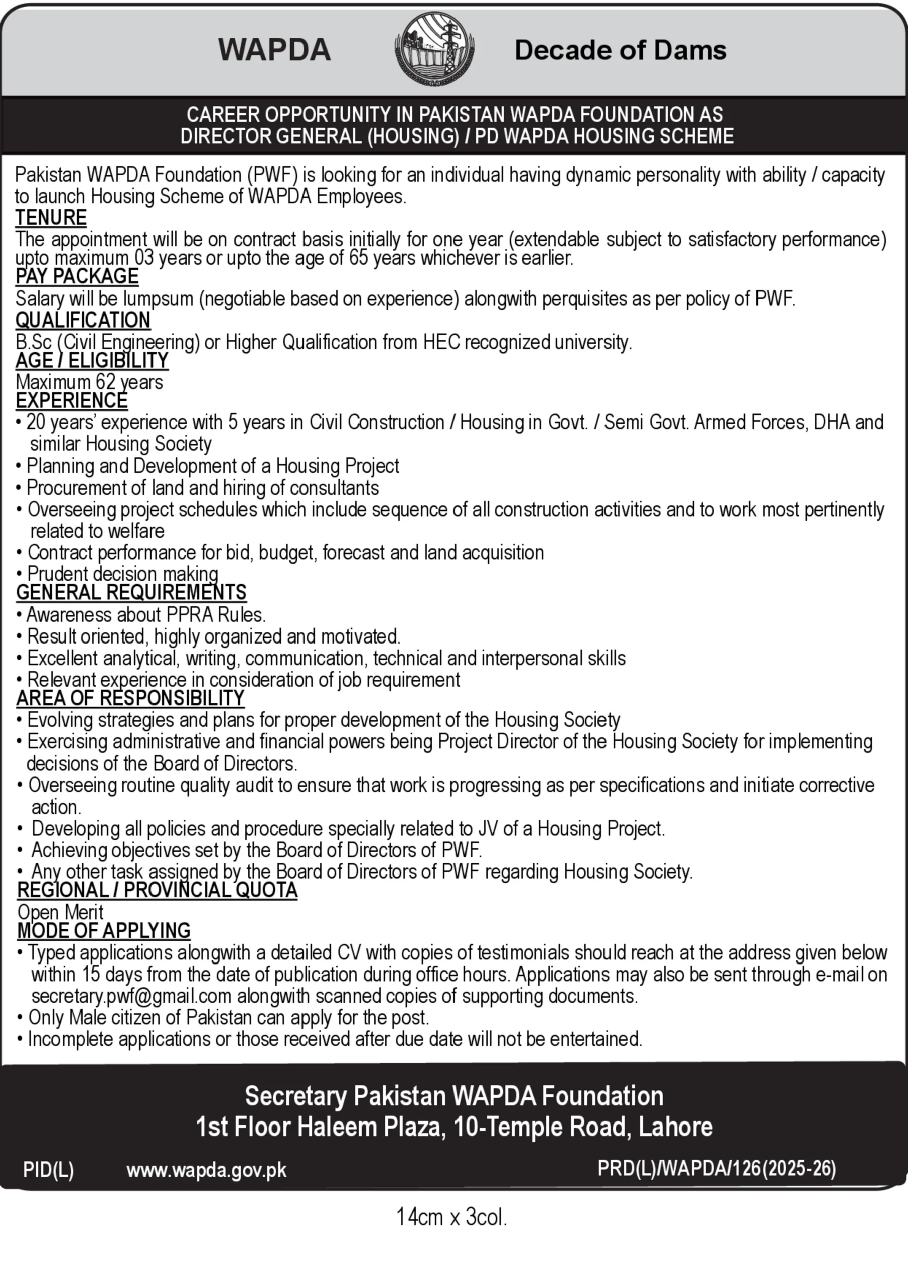 wapda foundation jobs 2025 director general housing project director lahore