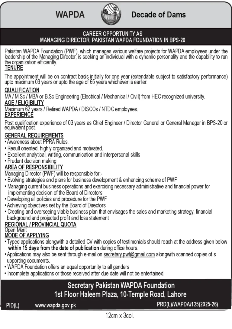 pakistan wapda foundation jobs 2025 managing director bps-20 position lahore