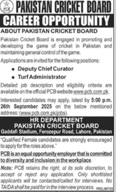 Pakistan Cricket Board job advertisement Lahore 2025, Deputy Chief Curator Turf Administrator vacancy Gaddafi Stadium
