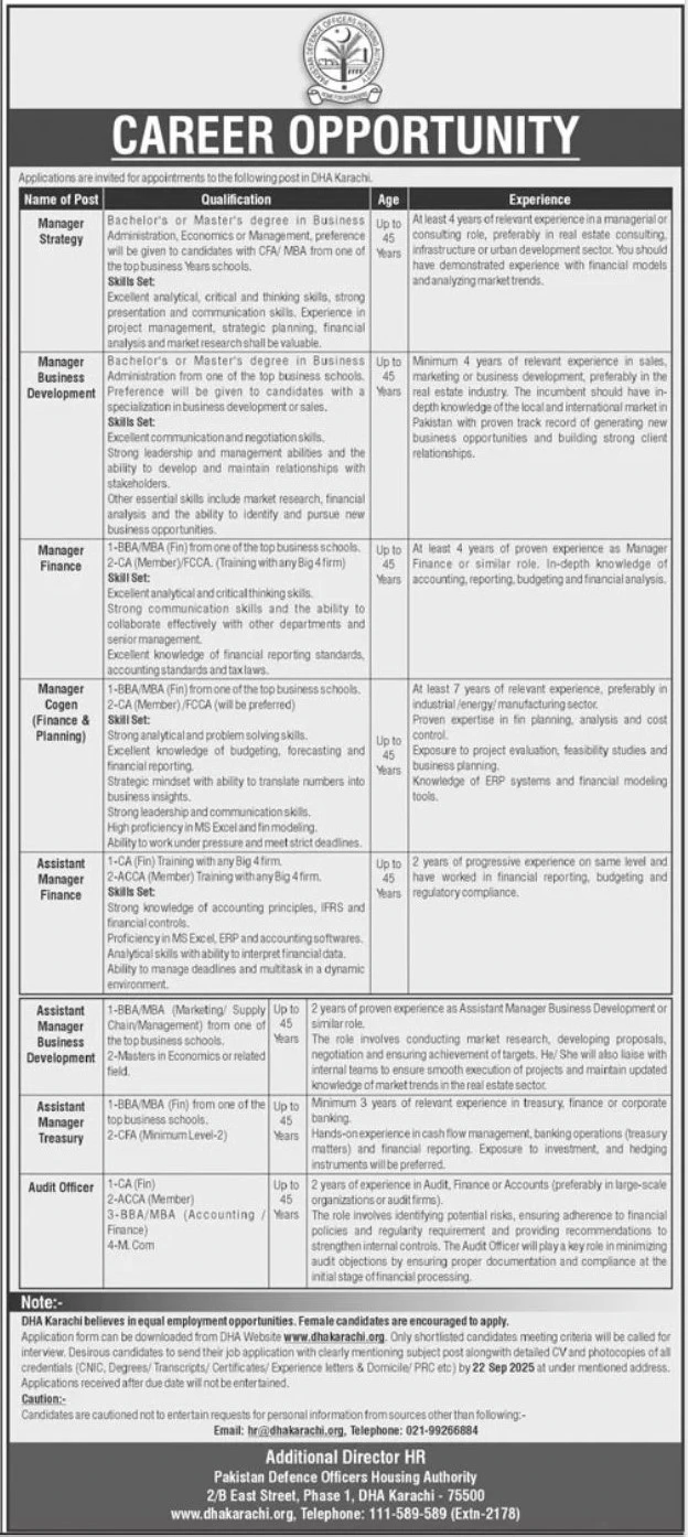 PDFHA Assistant Project Manager job advertisement Karachi 2025, Defence Officers Housing Authority vacancy