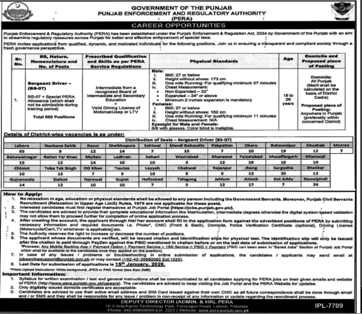 pera sergeant driver government job advertisement, punjab hiring