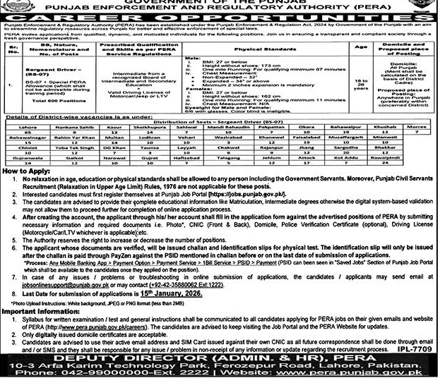 PERA Punjab Enforcement Regulatory Authority Sergeant Driver vacancy advertisement
