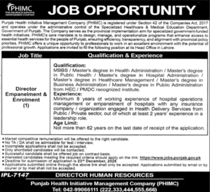 PHIMC Punjab Health Initiative Management Company Lahore job advertisement Director position 2025, health management recruitment Lahore