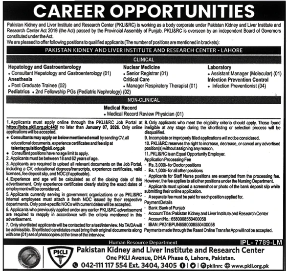 PKLI Pakistan Kidney and Liver Institute Medical Jobs Lahore December 2025