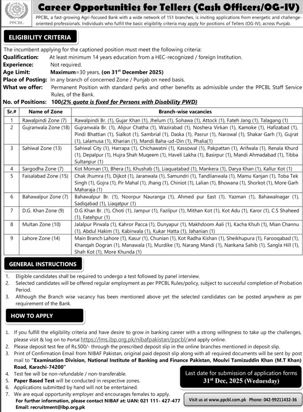 ppcbl punjabi private cooperative bank teller cash officer job advertisement, bank job vacancy notice for teller positions across punjab 2025