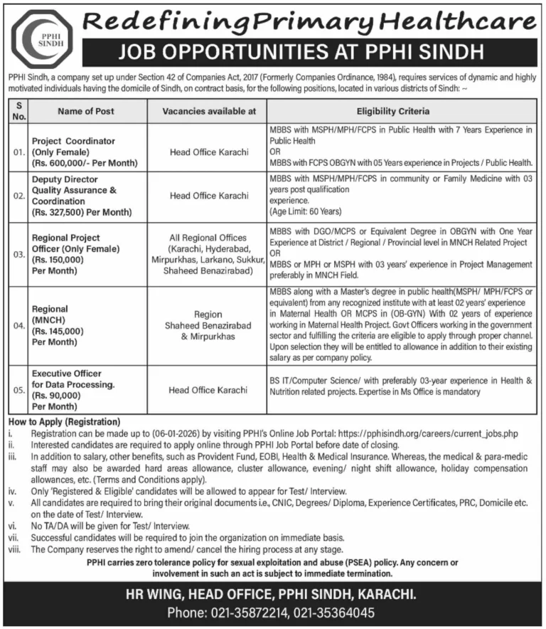 PPHI Sindh Jobs 2025 – Healthcare Careers in Sindh Pakistan PPHI Sindh Jobs 2025 – Healthcare Careers in Sindh Pakistan