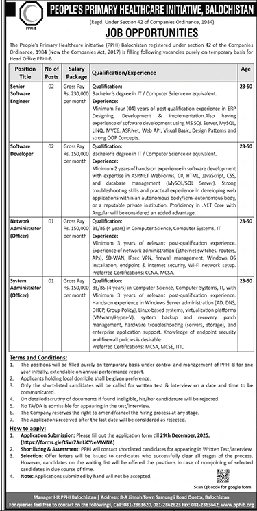 software engineer jobs quetta pphi balochistan, network administrator recruitment