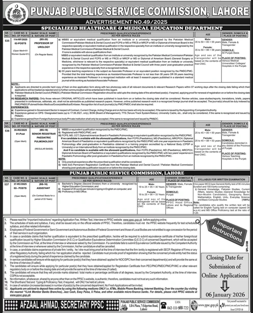 PPSC Punjab Public Service Commission healthcare medical education department job advertisement