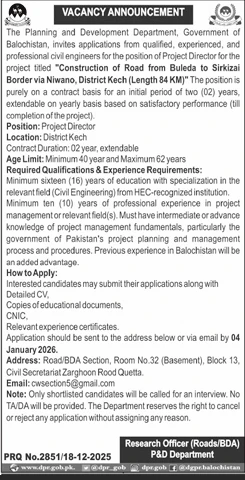 Project Director Civil Engineer position Kech road construction Balochistan
