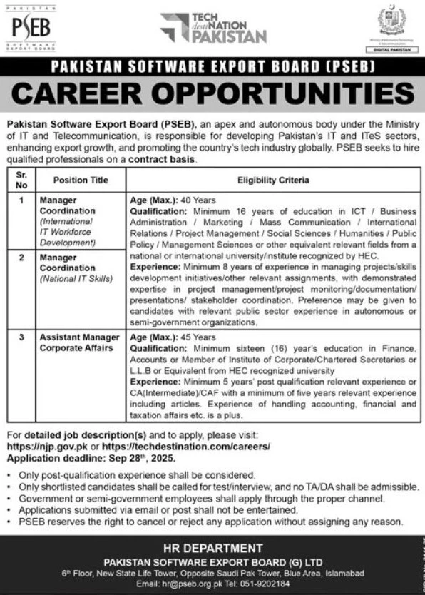 PSEB job advertisement Islamabad 2025, Pakistan Software Export Board vacancy announcement