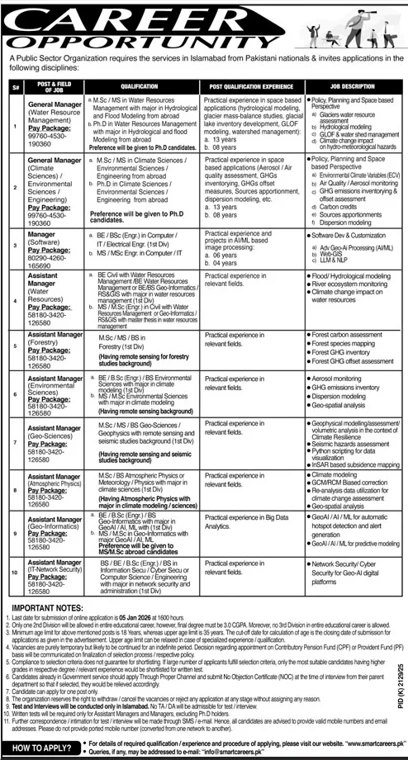 public sector organization career opportunity advertisement for manager and assistant manager positions in Islamabad, government job vacancy notice for water resources climate sciences and IT positions