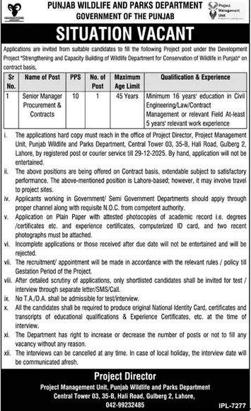 Punjab Wildlife and Parks Department senior manager recruitment Lahore, Government of Punjab job advertisement