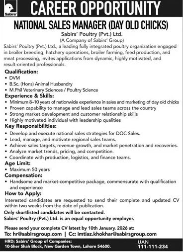** sabirs poultry national sales manager day old chicks job advertisement lahore 2025