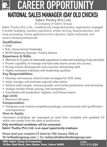 Sabirs' Poultry National Sales Manager job vacancy advertisement