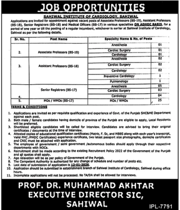 Sahiwal Institute of Cardiology Medical Jobs Vacancy December 2025