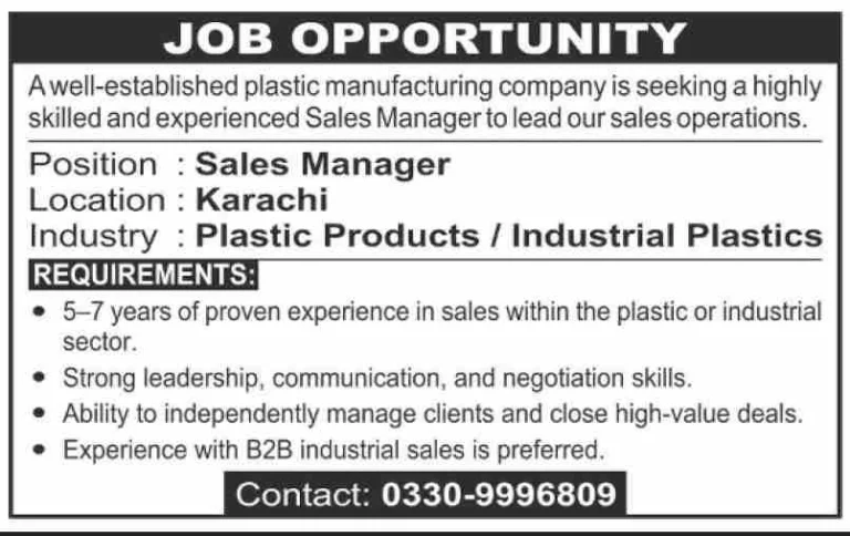 Sales Manager Job Karachi Plastic Manufacturing December 2025