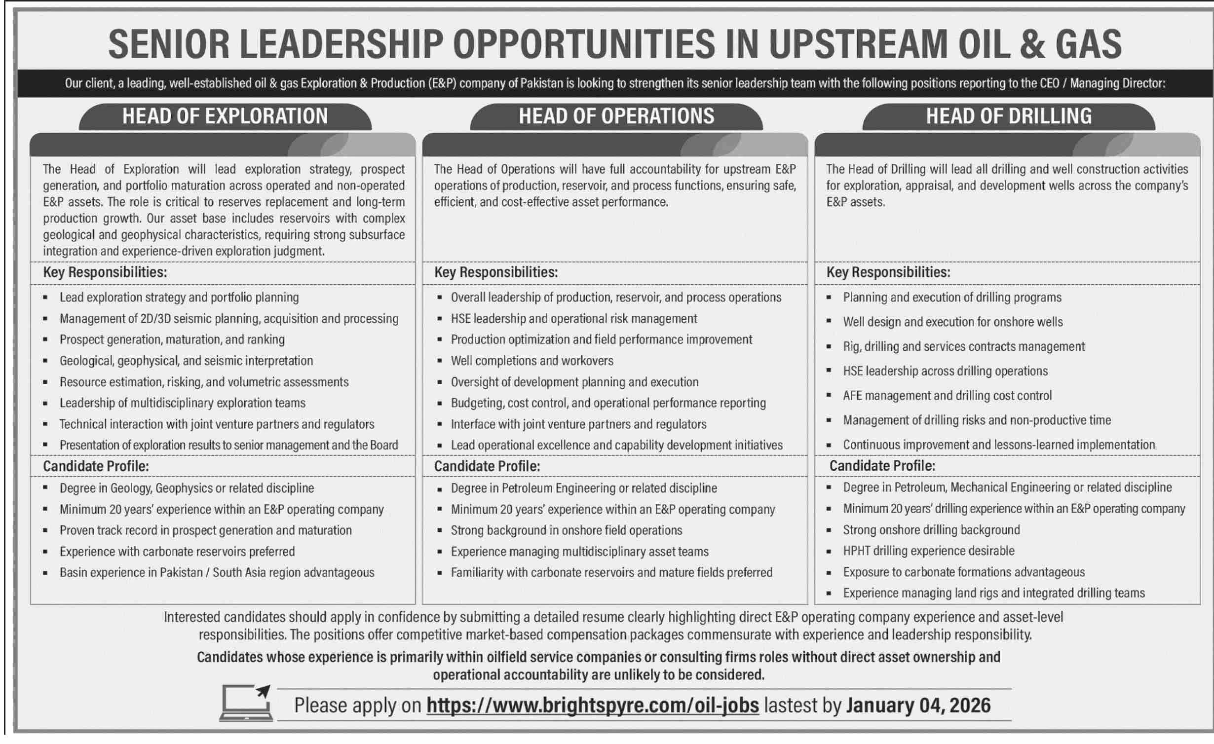 Senior Leadership Oil and Gas Jobs Pakistan December 2025 E&P Company Recruitment