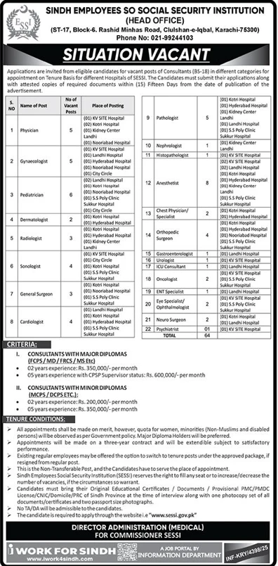 Sindh SESSI Consultant vacancy advertisement medical specialist positions