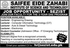 Saifee Eide Zahabi Institute SEZIST job vacancy, lecturer and counselor positions recruitment