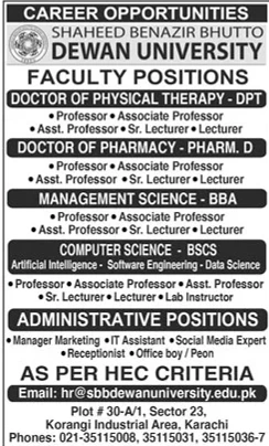 Shaheed Benazir Bhutto University Faculty & Administrative Jobs in Karachi 2025