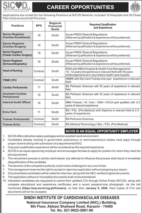 sicvd sindh institute of cardiovascular diseases job advertisement for registrar and medical staff positions, cardiac hospital job vacancy notice karachi sindh
