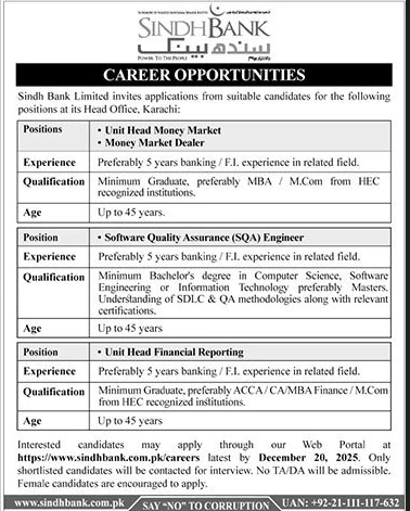 Sindh Bank Limited career opportunities Karachi, Sindh Bank recruitment notification 2025