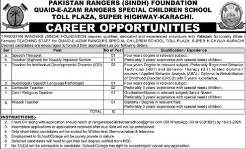 Pakistan Rangers special children school job vacancy 2025, teaching positions Karachi