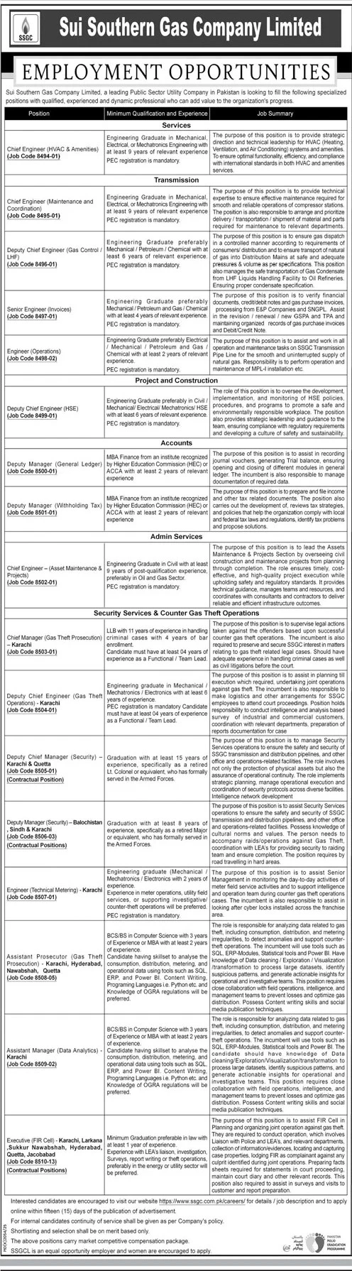 sui southern gas company limited employment opportunities, ssgc job vacancies 2025