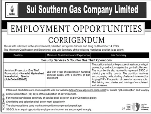 Sui Southern Gas Company SSGCL Employment Opportunity Assistant Prosecutor Gas Theft Prosecution Advertisement