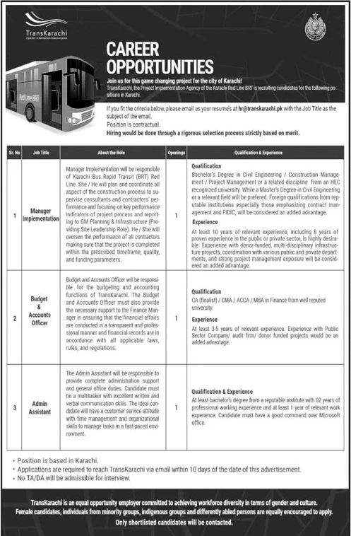 Manager Budget Officer Admin Assistant positions Karachi
