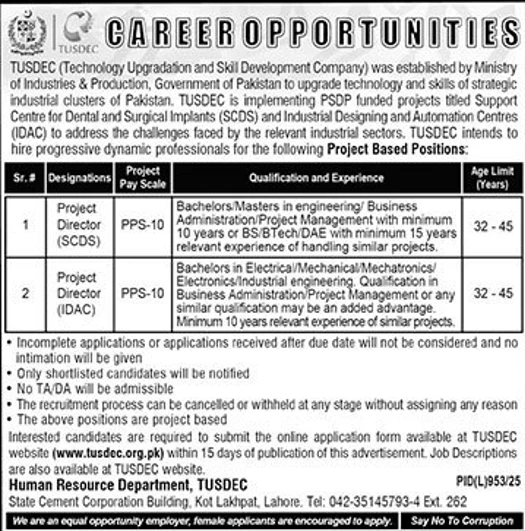 tusdec career opportunities advertisement for project director scds and project director idac pps ten in lahore