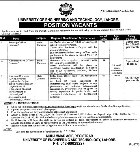 UET Lahore job vacancy advertisement 2025, university of engineering technology position vacants