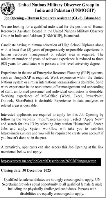 Human Resources Assistant Job United Nations Military Observer Group UNMOGIP Islamabad